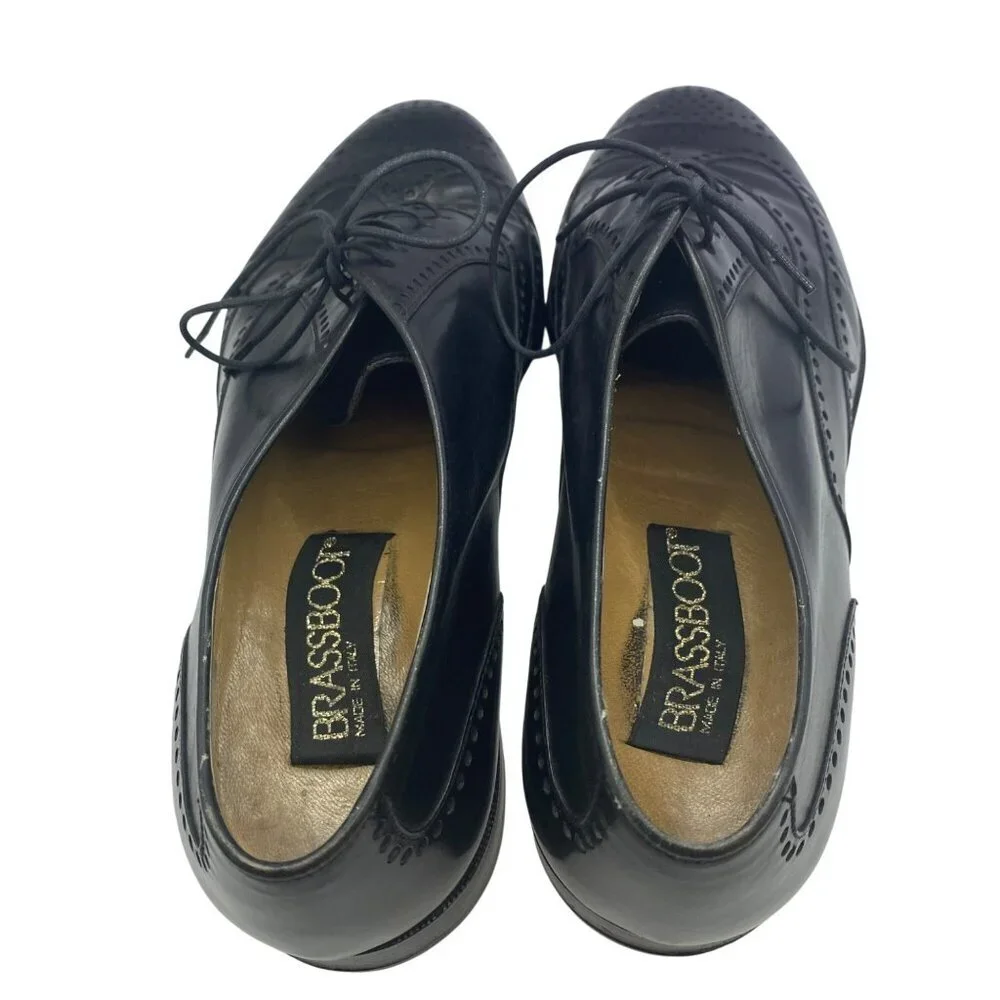 BrassBoot Dress Shoes Mens Size 7.5 Brogue Wingtip Black Oxfords Lace Up - Picture 3 of 8